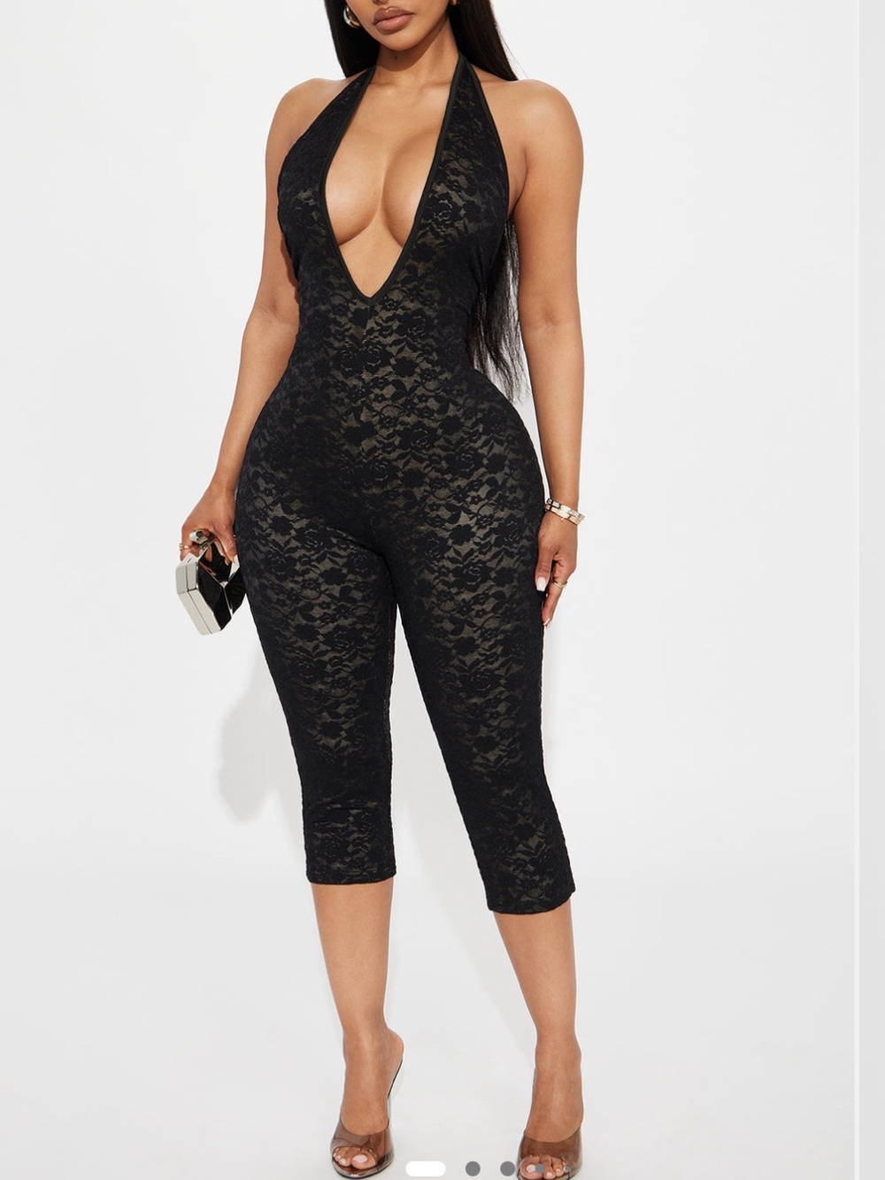 Fashion Nova Black Lace Halter Plunge Jumpsuit